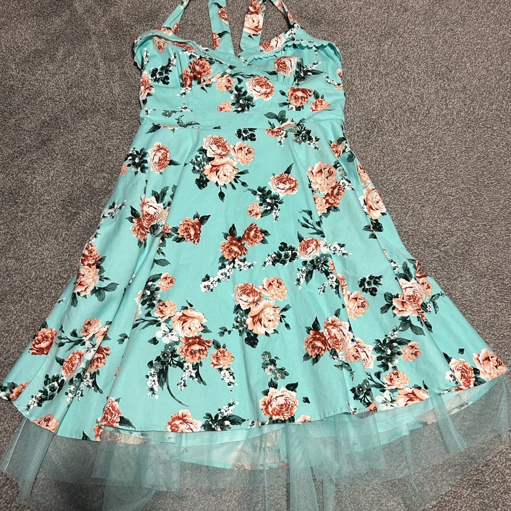 Floral Halter Dress with Tulle Skirt hot topic pinup
